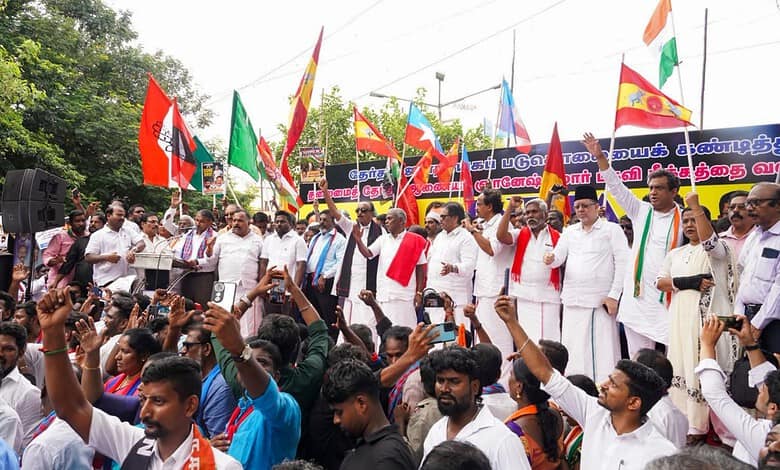 INDIA bloc leaders and supporters raise slogans during a protest against Chief Election Commissioner Gyanesh Kumar and the Special Intensive Revision (SIR) of electoral rolls, in Chennai, Tamil Nadu, Thursday, Oct. 15, 2026. (PTI Photo/R Senthilkumar)