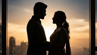 Silhouetted couple holding hands during sunset with city skyline in background.