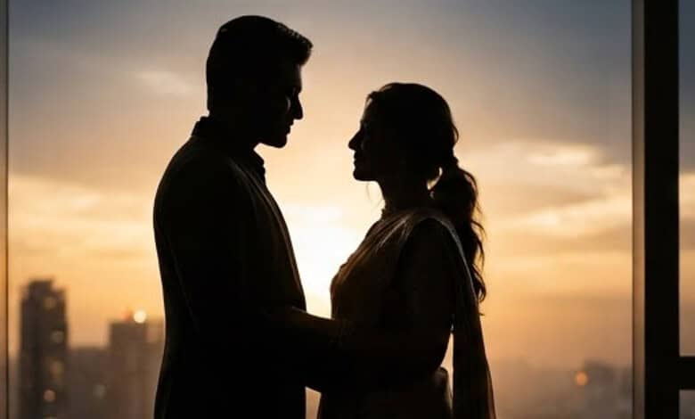 Silhouetted couple holding hands during sunset with city skyline in background.