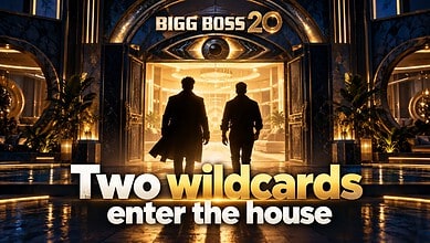 Two silhouetted men walk into the Bigg Boss 20 house with a golden entrance and eye logo above.