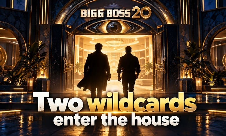Two silhouetted men walk into the Bigg Boss 20 house with a golden entrance and eye logo above.