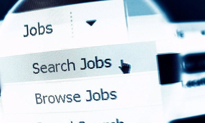 Search jobs online on a digital platform with a cursor pointing at 'Search Jobs' option.