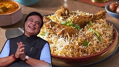 Assam CM Himanta Biswa Sarma with a plate of biryani, smiling and clapping.