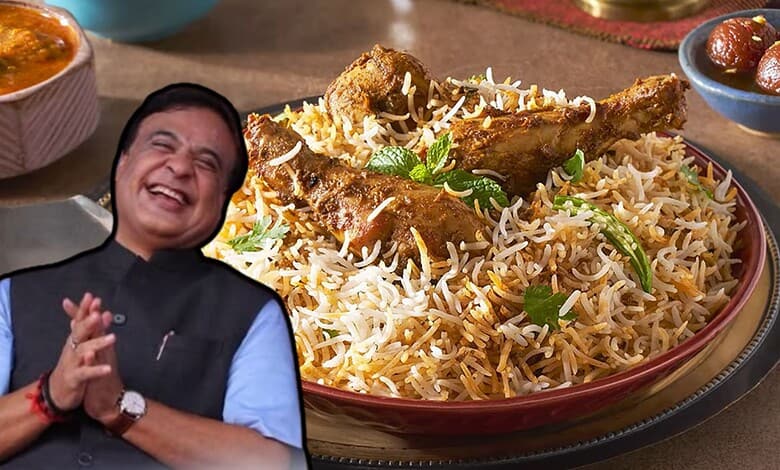 Assam CM Himanta Biswa Sarma with a plate of biryani, smiling and clapping.