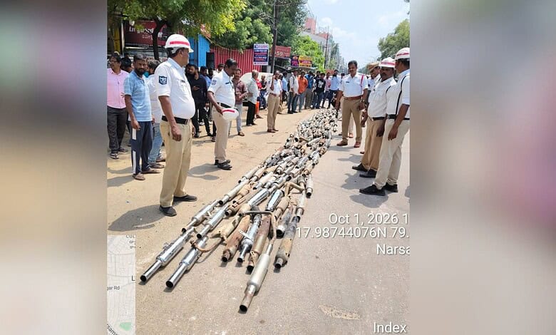 Warangal traffic police crush modified silencers