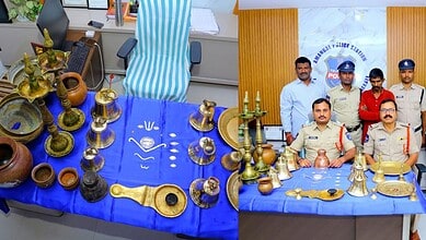 Police display recovered stolen temple valuables and artifacts in Hyderabad.