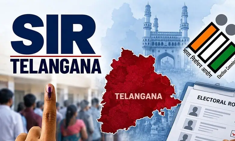 Map of Telangana with election details and voter notices from The Siasat Daily.