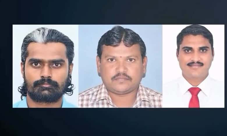 Three Telangana men with serious expressions, facing forward in a formal setting.