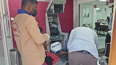 ATM being forcibly opened by burglars in Hyderabad, Rs 30 lakh stolen.