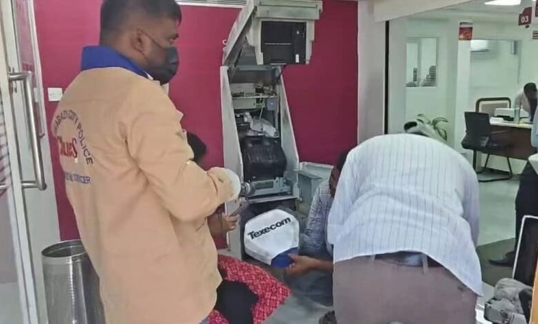 ATM being forcibly opened by burglars in Hyderabad, Rs 30 lakh stolen.