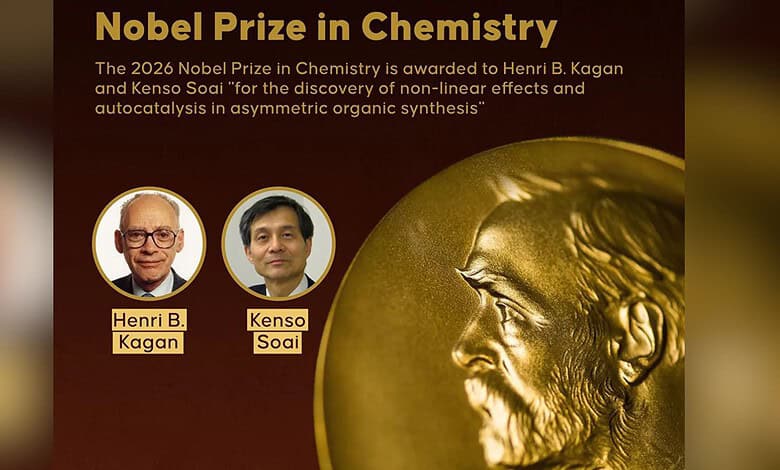 Nobel Prize in Chemistry awarded to Kagan and Soai, featuring portraits and a golden bust of Alfred Nobel.