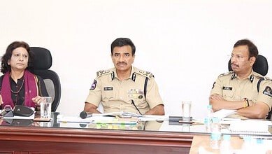 Telangana DGP CV Ananad with Hyderabad Commissioner of Police and Telangana CID.