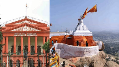 Karnataka High Court building and Anjanadri Hill temple with flags in Karnataka, India.