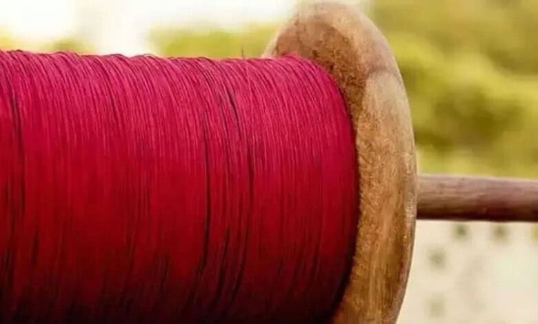Close-up of a wooden spool with red thread, used for kite flying.