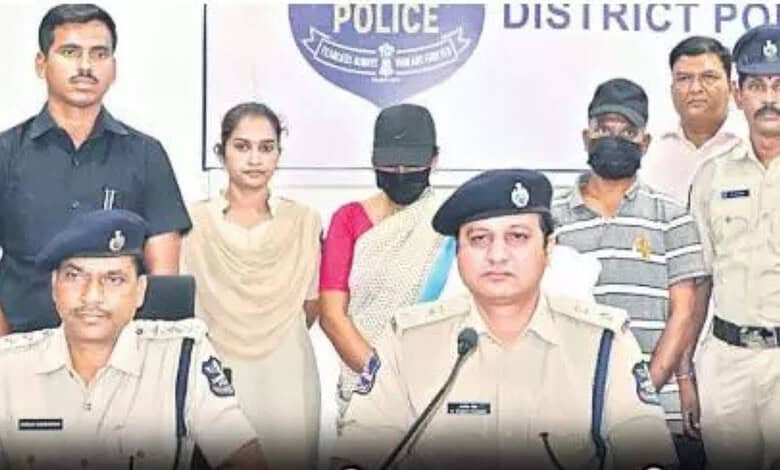 Police officers and suspects during a press conference in Kamareddy, India.