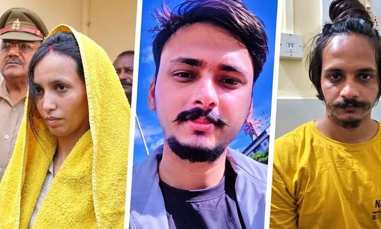 Three individuals involved in the Meerut Blue Drum murder case, including Muskaan and Sahil.