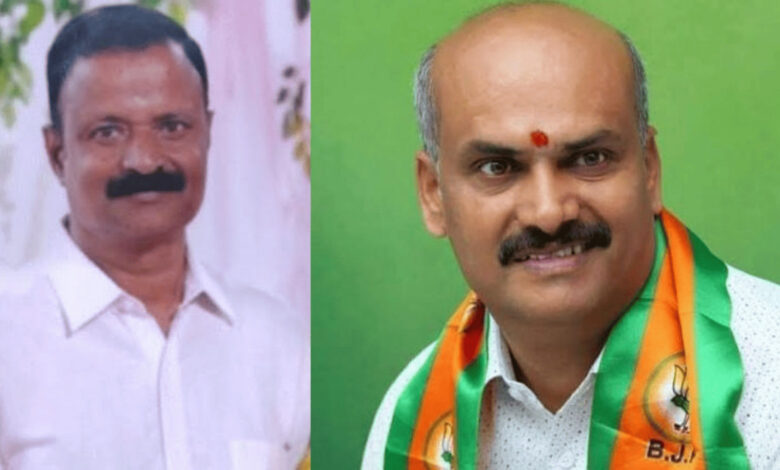 BJP Belur MLA and another man in white shirt, both smiling, in a formal setting.