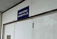 Andori Defence Advisory Pvt Ltd office sign on a white wall in Hyderabad.