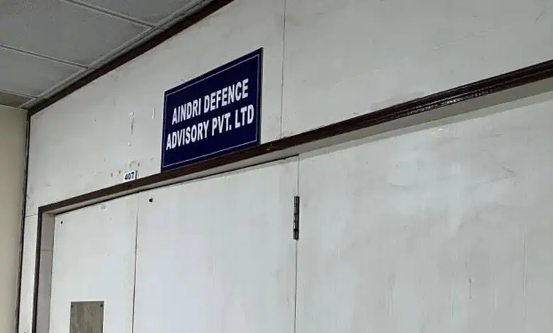 Andori Defence Advisory Pvt Ltd office sign on a white wall in Hyderabad.