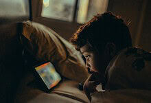 Young boy watching a tablet screen in a dimly lit room at night.