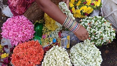 Vibrant flower vendor arranging colourful flowers at Gudimalkapur Flower Market in Hyderabad.