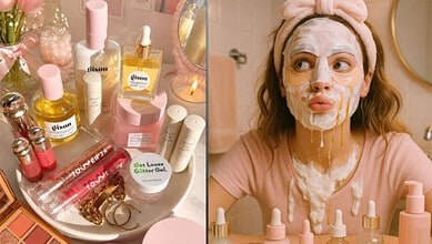 Beauty products and a woman with a facial mask in a bathroom setting.
