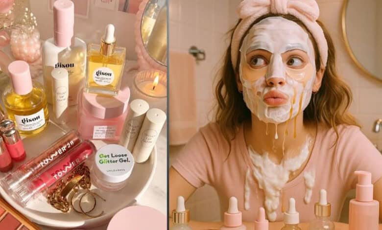 Beauty products and a woman with a facial mask in a bathroom setting.