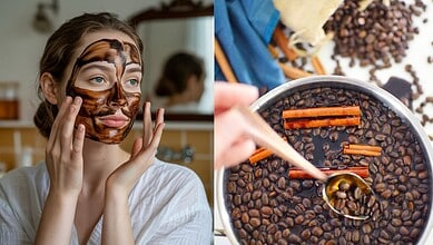 Woman with a coffee face mask enjoying a spa treatment at a coffee-themed event.