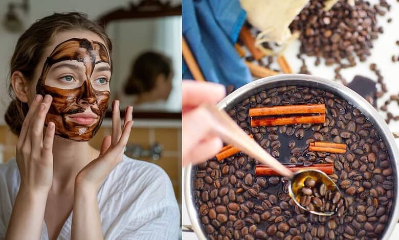 Woman with a coffee face mask enjoying a spa treatment at a coffee-themed event.