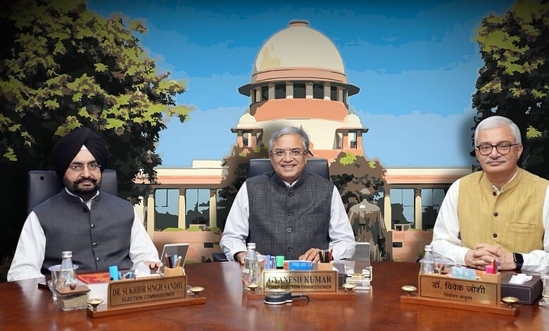 Indian officials at a conference table outside the Supreme Court of India building.