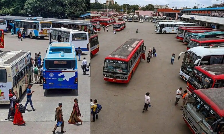Bus station with multiple buses and passengers in Karnataka, India.