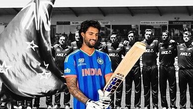 Indian cricketer Tilak Varma holding a cricket bat with team behind him in black and white.