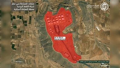 Satellite image showing Houthi-controlled area near Yemen-Saudi border in red.