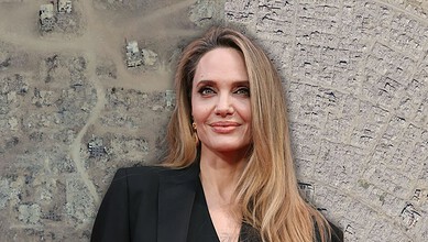 Angelina Jolie pictured against a satellite image showing Gaza’s destruction.