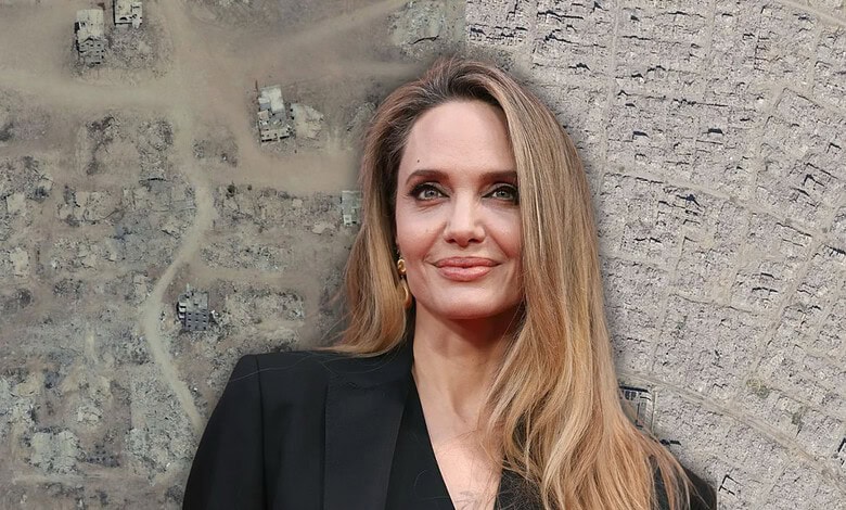 Angelina Jolie pictured against a satellite image showing Gaza’s destruction.
