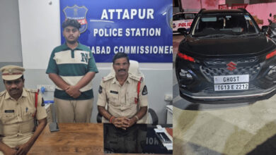 Young man arrested at Attapur police station with police officers and a black car in Hyderabad.
