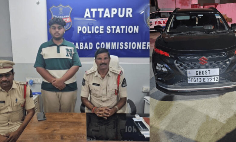 Young man arrested at Attapur police station with police officers and a black car in Hyderabad.