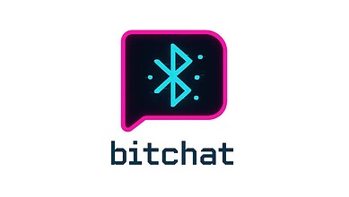 Bitchat app logo with Bluetooth symbol inside a speech bubble, pink outline, on a dark background.