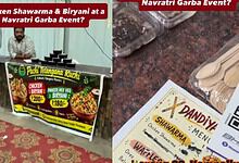 Chicken biryani stall at Hyderabad Navratri event with menu and promotional sign.