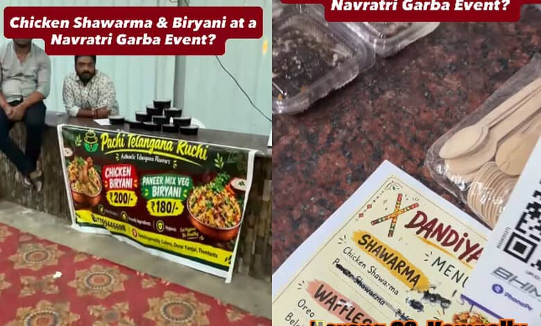 Chicken biryani stall at Hyderabad Navratri event with menu and promotional sign.
