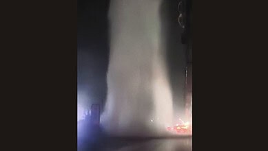 Water gushing from a broken Krishna pipeline after car damage, affecting Hyderabad water supply.