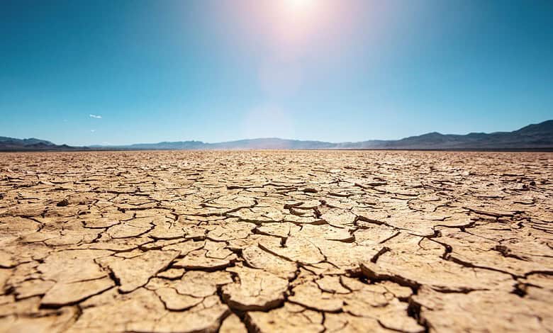 Cracked, dry land under a bright sun in Telangana due to drought.