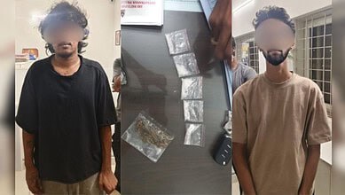 Two individuals detained with drugs, and drug packets on a table, in connection with the EAGLE operation.