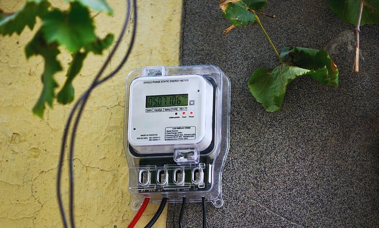 Electricity meter on a wall with green leaves nearby, showing a reading of 950716.