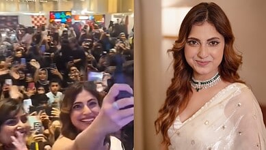 Farrhana Bhatt meets fans at Hyderabad event, fans capturing photos and videos.