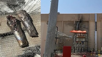 Drone debris and damaged equipment at a Madinah power station following a Houthi attack.