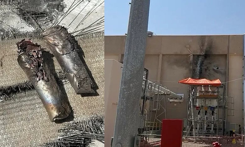 Drone debris and damaged equipment at a Madinah power station following a Houthi attack.