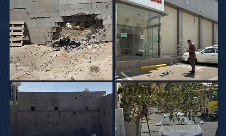 Debris from missile attack damages buildings and vehicles in Saudi Arabia.