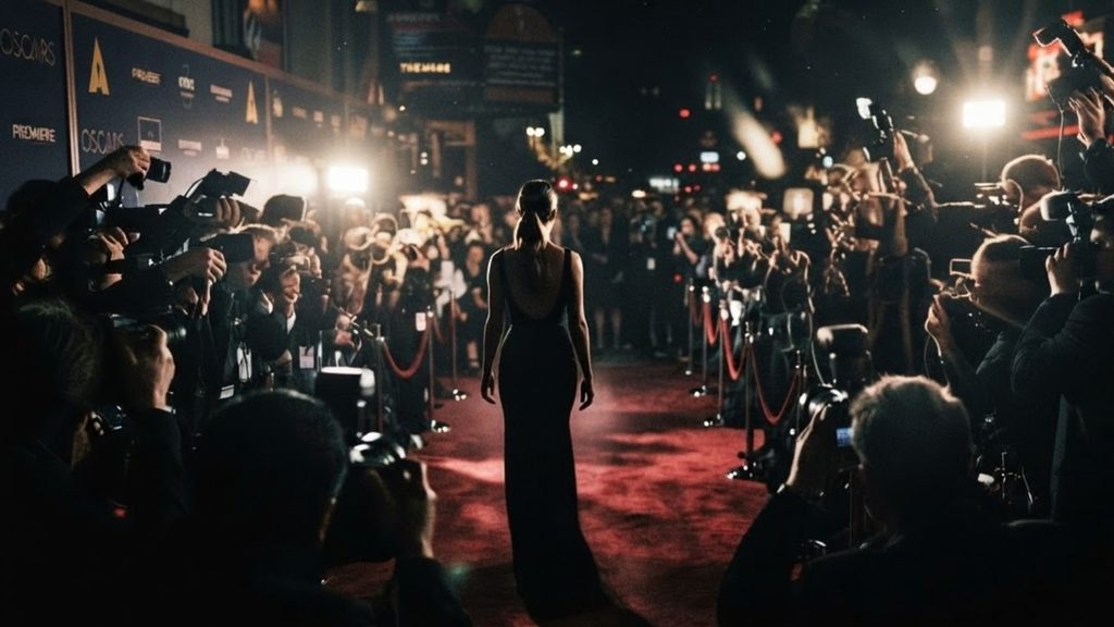 Celebrity walking the red carpet at a glamorous event with photographers capturing the moment.