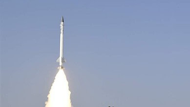 Interceptor missile launching into the sky.